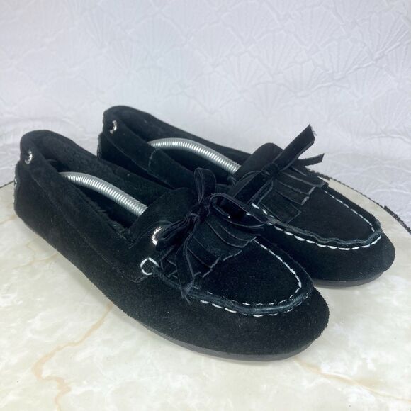 Sperry Top Sider Fur Lined Loafer 8 Black Leather Cozy Lounge Lagenlook Moccasin - Picture 1 of 12